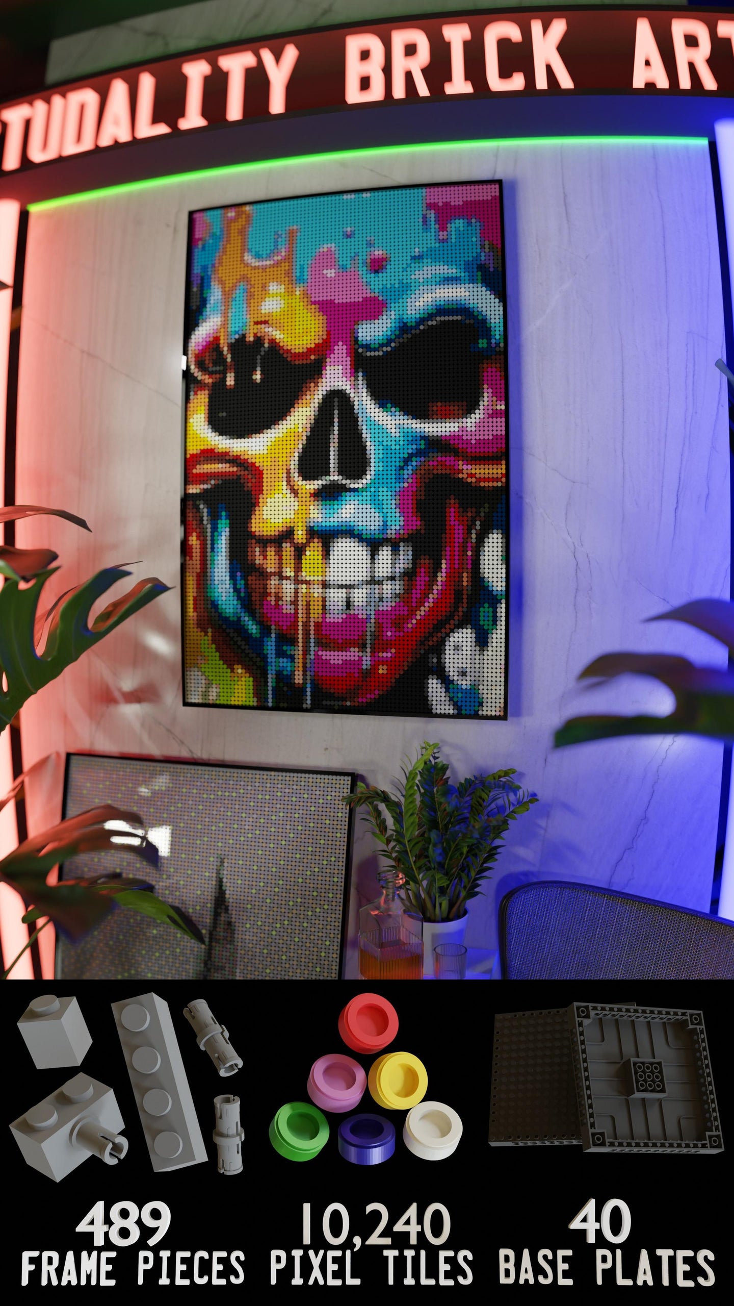 Vivid Decay LEGO® Style mosaic wall art made from colorful plastic bricks